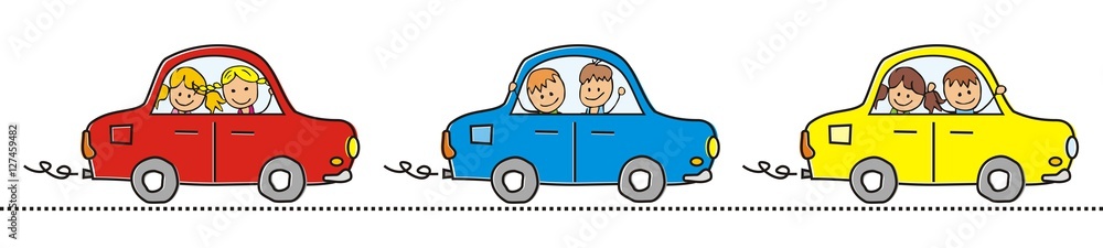 Cars and children. Three different cars with children. Vector icon. Red, blue and yellow car in line. Cars and children. Three different cars with children. Vector icon. Red, blue and yellow car in line.
