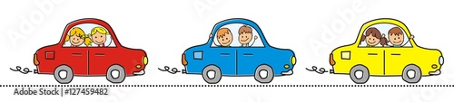 Cars and children. Three different cars with children. Vector icon. Red, blue and yellow car in line.