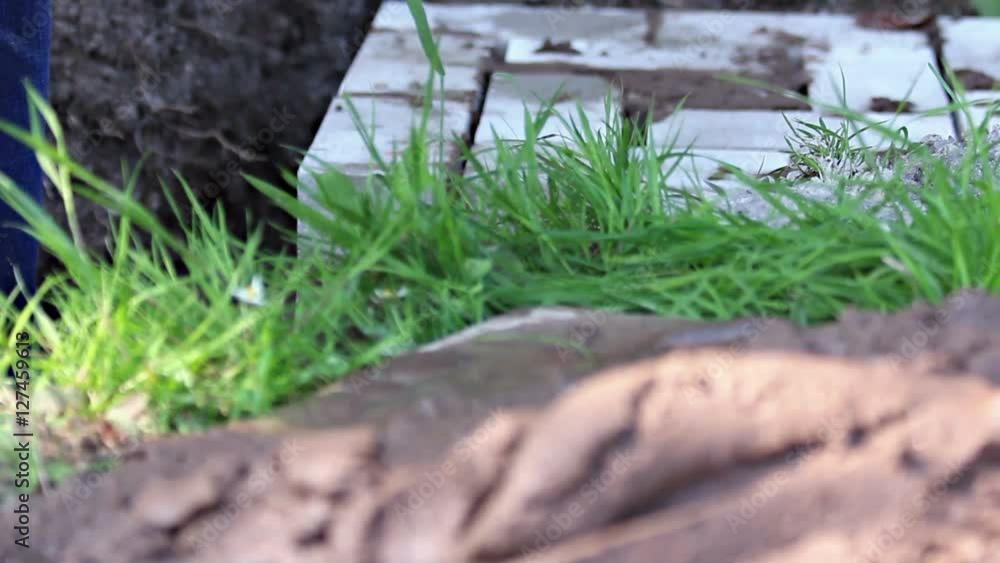 Pull focus shot of a builder building foundations to a wall.
