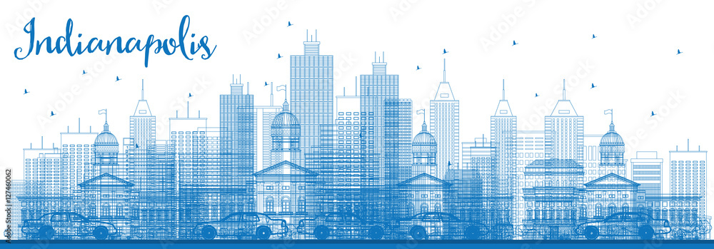 Outline Indianapolis Skyline with Blue Buildings.