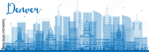 Outline Denver Skyline with Blue Buildings.