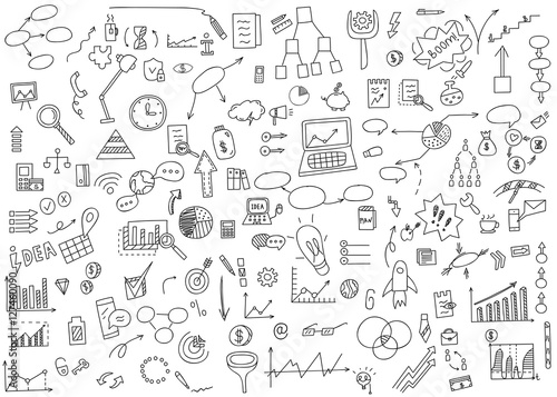 Hand draw doodle elements money and coin icon, chart graph. Concept business finance analytics earnings. Vector illustration