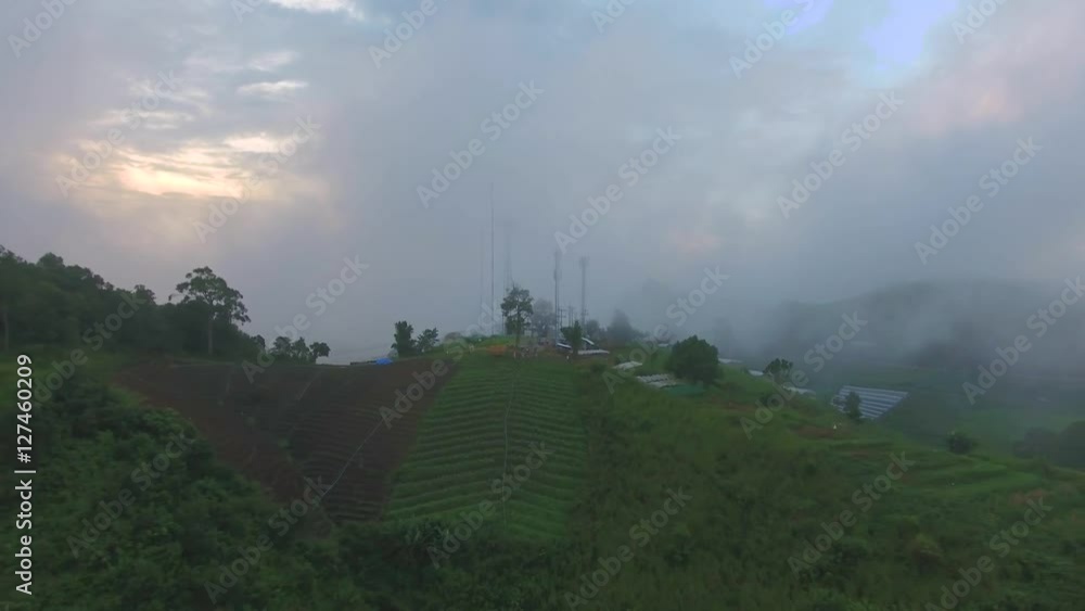 Aerial Views Flight over the Mountains. Flying over the River. Forest Valley. Morning Fog Mon Cham or Mon Jam Chiangmai Thailand Aerial Views Flight over the Mountains. Flying over the River. Forest Valley. Morning Fog Mon Cham or Mon Jam Chiangmai Thailand