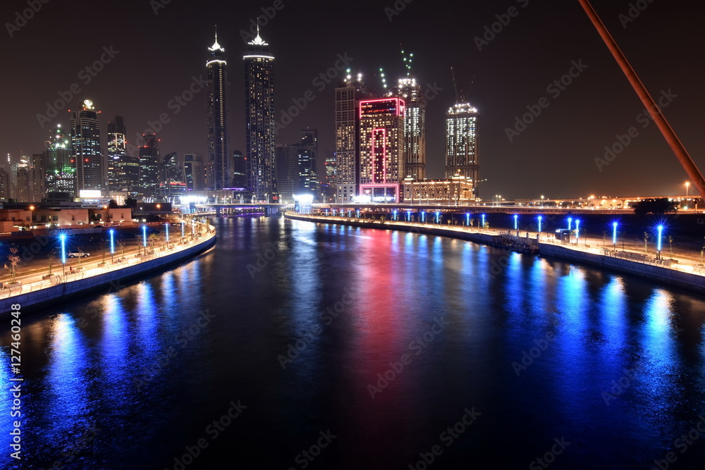 Dubai Skyline at night from new Dubai Canal, U.A.E Dubai Skyline at night from new Dubai Canal, U.A.E