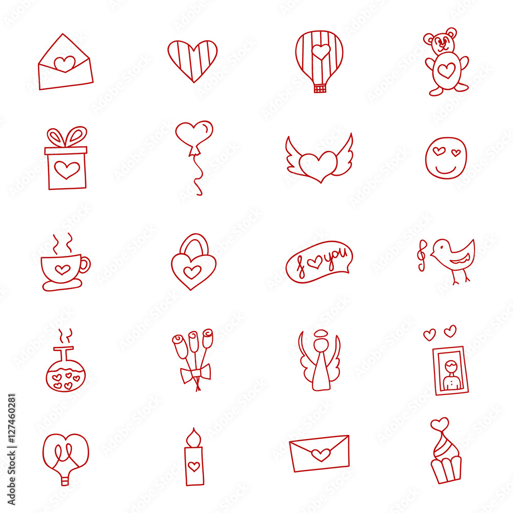 Fototapeta Hand drawn love and hearts doodles icon set , vector illustration