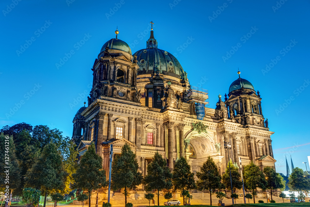 The illuminated Dom in Berlin, Germany, in the early morning
