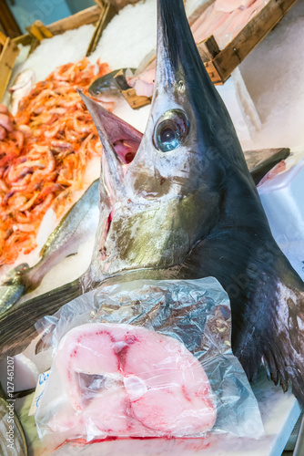 Swordfish for sale at a market in Palermo, Sicily