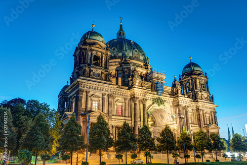 The illuminated Dom in Berlin, Germany, in the early morning