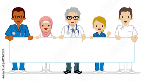 Medical occupation people holding a Blank placard - Multi Ethnic Group
