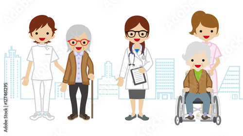 Female Medical Occupation team and elderly women Cityscape background