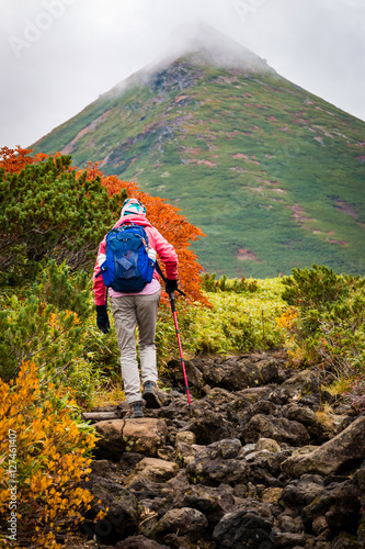 Woman on rocky path among autumn colors on hiking trail in Daisetsuzan National Park, Hokkaido, Japan.