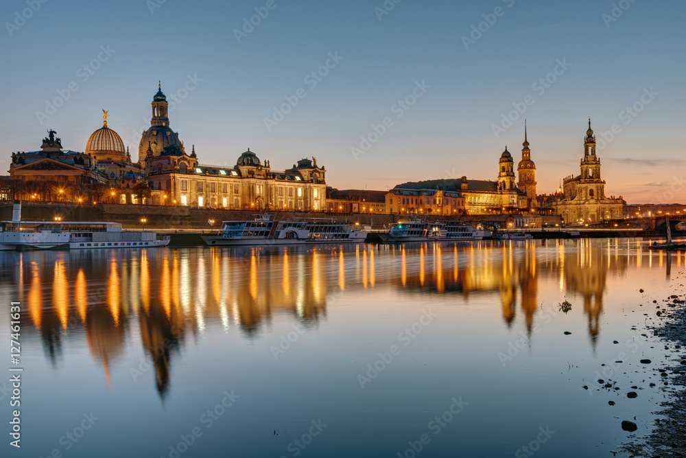 The skyline of Dresden and the river Elbe at sunset