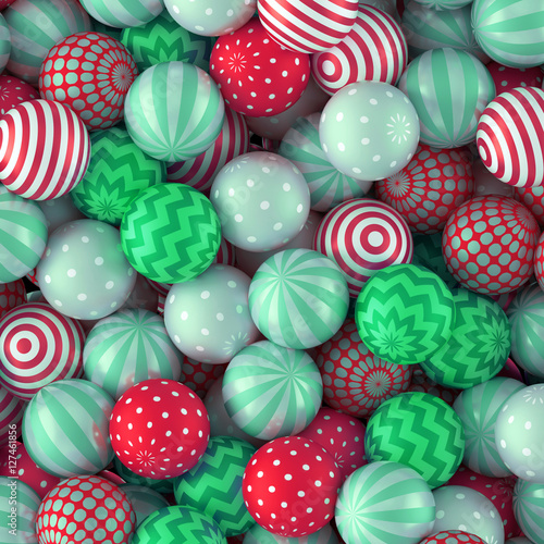 3d illustration, abstract red green Christmas balls, kids playground, seasonal holiday background, bonbons