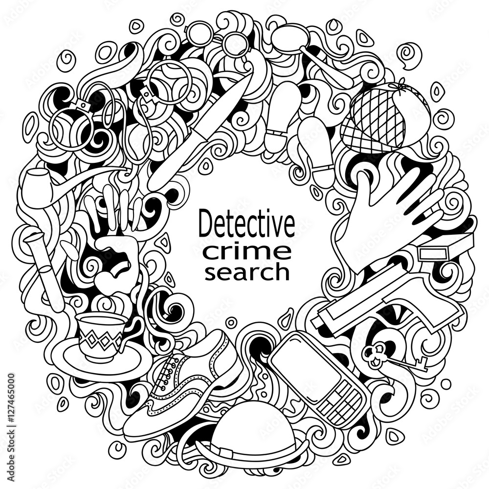 Cartoon cute doodles hand drawn Detective and criminal vector illustration. Sketch detailed, with lots of objects background.