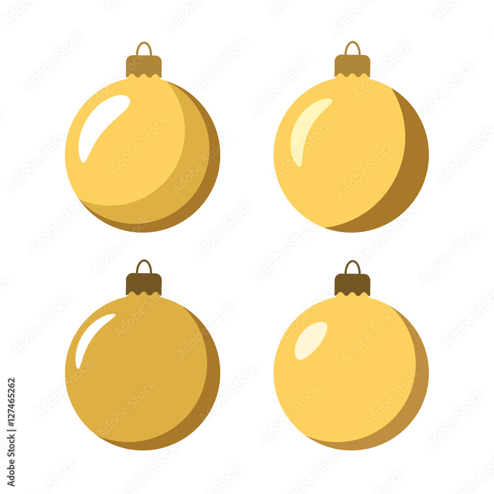 Christmas tree gold balls icons. Golden baubles decoration, isolated on white background. Symbol of Happy New Year, Xmas holiday celebration, winter. Flat design for card. Vector illustration