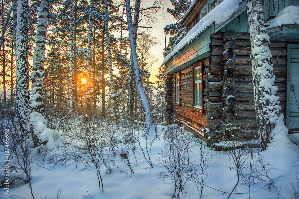 Abandoned wooden house in winter forest with sun reflection in w