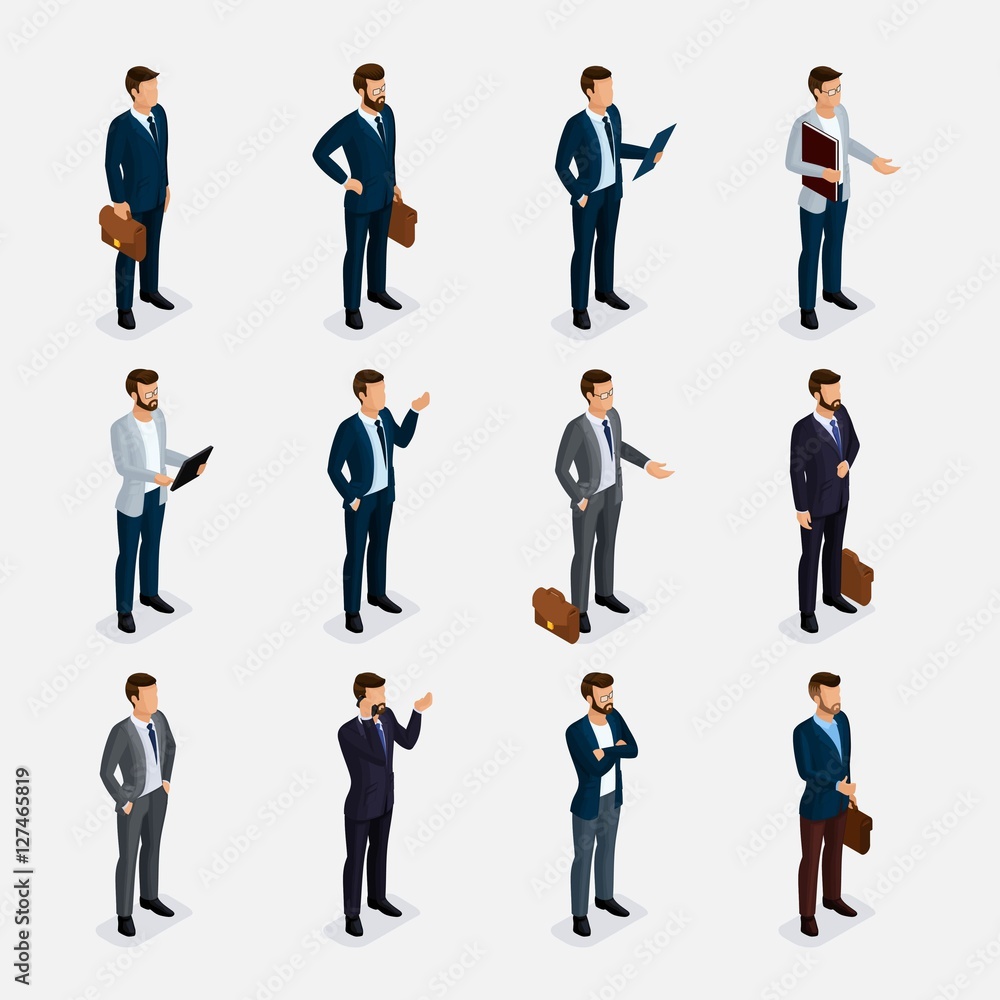 Business people isometric set with men in suits, beard styling stylish  hairstyle mustache office isolated. qualitative study. Vector illustration  Stock Vector | Adobe Stock