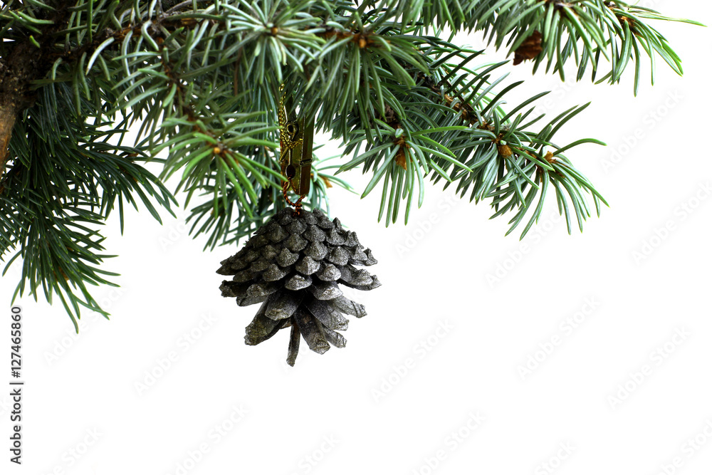 Fototapeta premium Fir tree branch isolated on white background with silver pine cone in top frame corner. New Year and Christmas blank template. Big white copyspace place for text or logo.