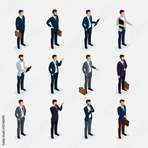 Business people isometric set with men in suits, beard styling stylish hairstyle mustache office isolated. qualitative study. Vector illustration