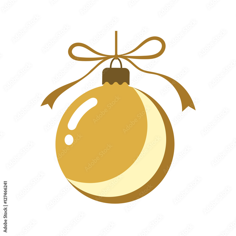 Christmas tree gold ball with bow. Golden bauble decoration, isolated on white background. Symbol of Happy New Year, Xmas holiday celebration, winter. Flat design for card. Vector illustration Christmas tree gold ball with bow. Golden bauble decoration, isolated on white background. Symbol of Happy New Year, Xmas holiday celebration, winter. Flat design for card. Vector illustration