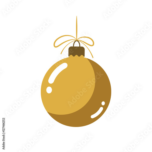 Christmas tree gold ball with bow. Golden bauble decoration, isolated on white background. Symbol of Happy New Year, Xmas holiday celebration, winter. Flat design for card. Vector illustration