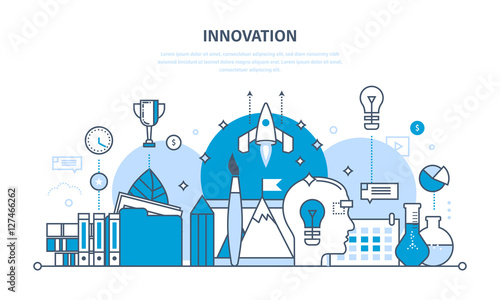 Innovation, creative thinking,  process, brainstorming, imagination and vision, research.
