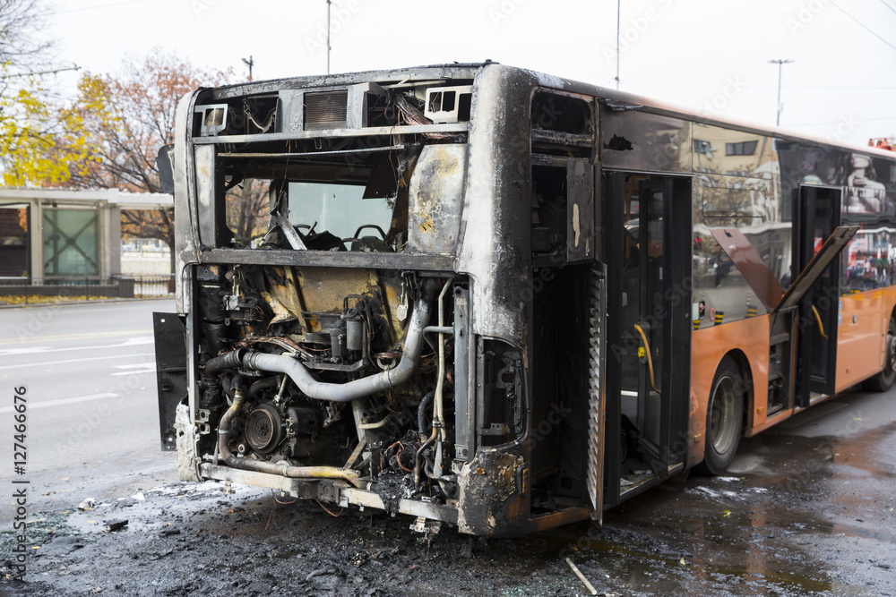 Burnt public traffic bus Burnt public traffic bus