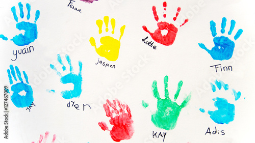 Bunte Handabdrücke von Kinderhänden auf weisser Wand mit Namen © ghazii