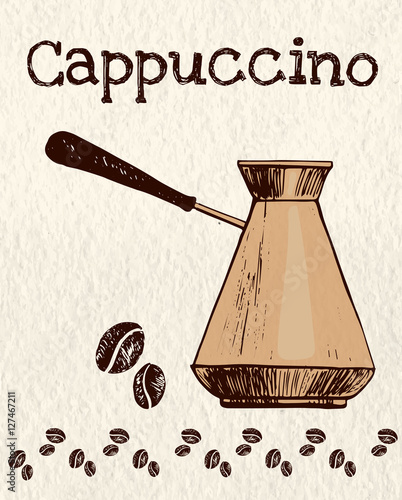 Traditional turkish coffee pot and coffee beans. Hand draw. Watercolor paper texture on backdrop. For coffee house, restaurant menu. Vector image.