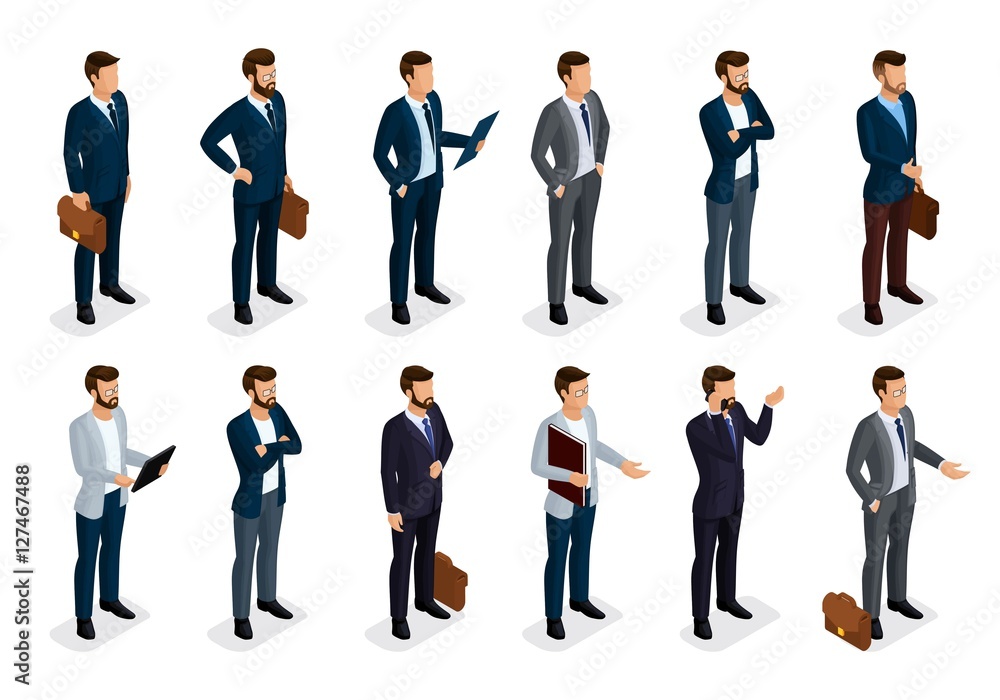 Business people isometric set of men in suits isolated on a white background, beard styling stylish hairstyle mustache office. Qualitative study. Vector illustration