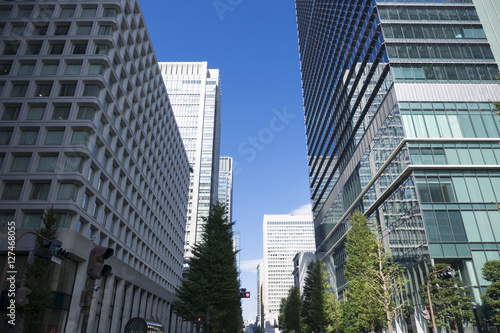 東京都市風景 東京駅前 丸の内 大手町 高層ビル群 緑 並木 青空