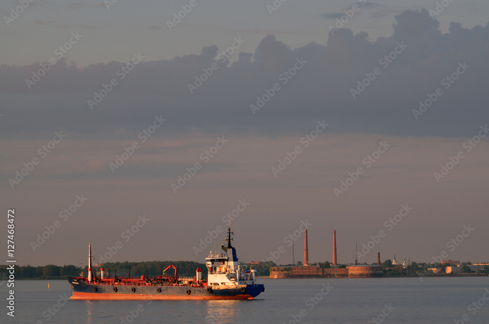The ship in the Baltic sea near the island of Kotlin