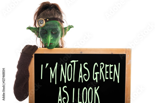 Bild auf Leinwand kleiner grüner Kobold hält Schild mit englischer Redewendung