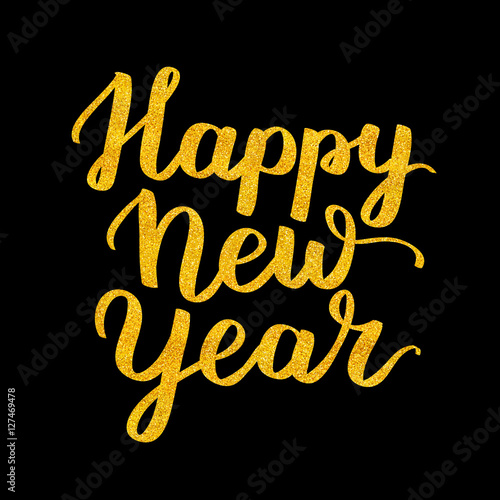 happy new year handwritten illustration, golden ink brush pen lettering isolated on black background