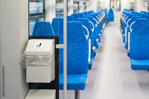 Garbage container in electric train in Moscow, Russia