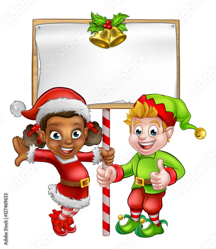 Cartoon Christmas Elves Holding Sign