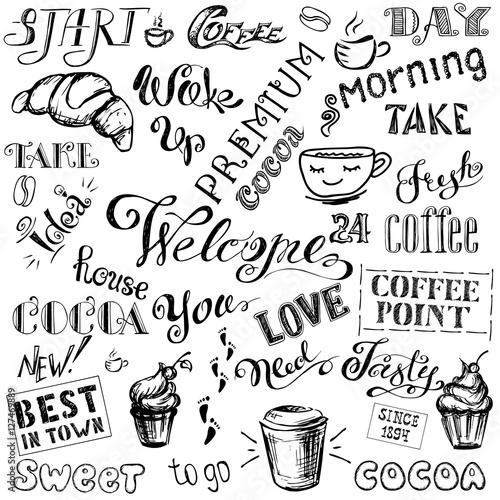 Coffee and cocoa- lettering set ,hand drawn on white background © naum
