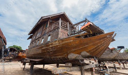 Boat awaiting restoration, Ayutthaya in Thailand.