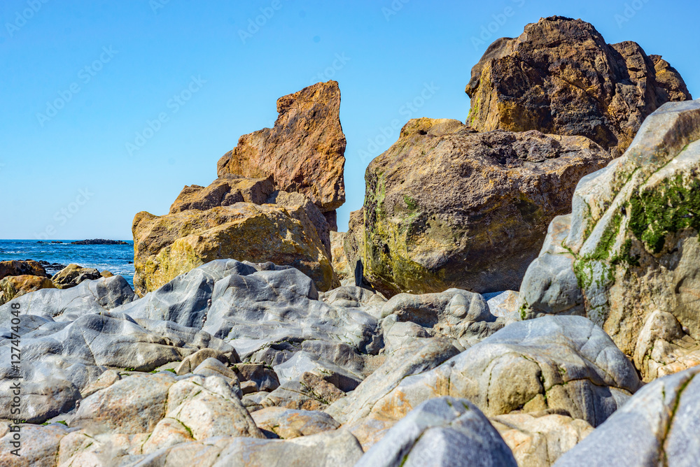Tropical sea ocean beach bay cove rock stone pebble shore coast sunny horizon detail Tropical sea ocean beach bay cove rock stone pebble shore coast sunny horizon detail