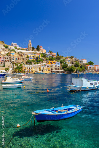 Scenic waterfront on the Greek island of Symi, Dodecanese, Greece.