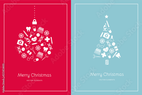 Two Christmas cards on a red and light blue background. White medical icons. Vector elements for New Year photo