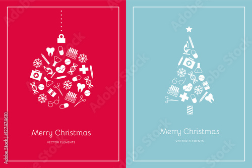 Two Christmas cards on a red and light blue background. White medical icons. Vector elements for New Year