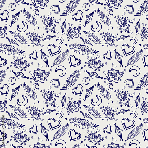 Hand drawn ball pen seamless pattern with vector feathers hearts moons flowers