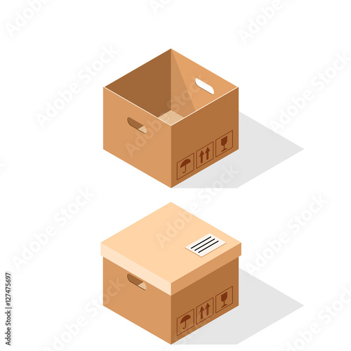 Cardboard boxes, opened and closed with lid.