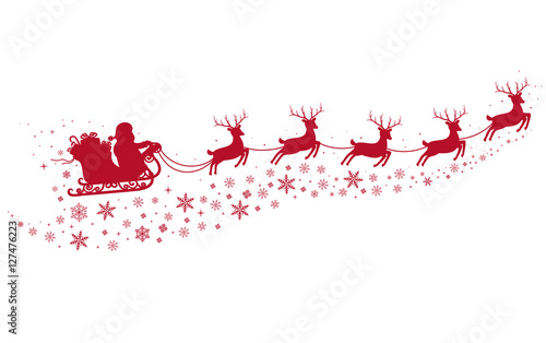 Santa on Sleigh and with reindeers on background of snowy stars, red silhouette.
