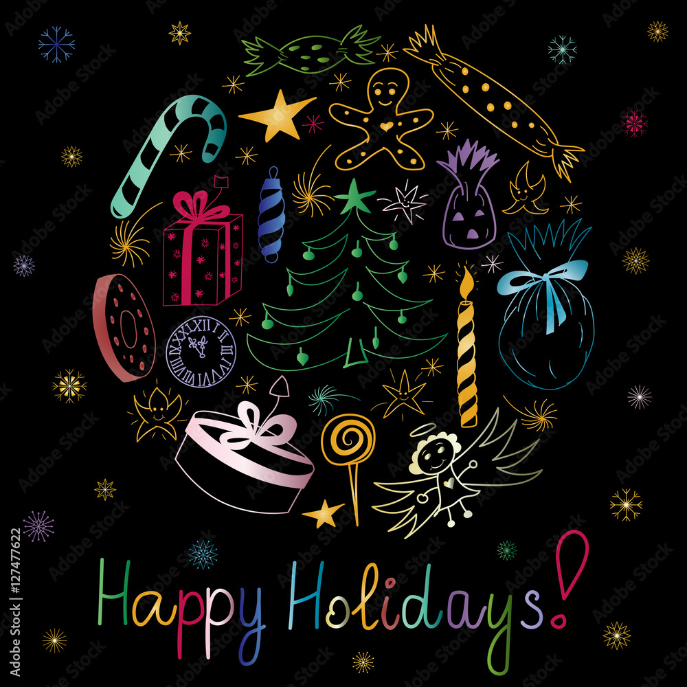 Happy Holidays! Hand Drawn Colorful Doodle Holiday Set with Candies, Gifts, Candle, Fir Trees, Angel, Stars and Snowflakes. Perfect for festive design. Vector illustration. Happy Holidays! Hand Drawn Colorful Doodle Holiday Set with Candies, Gifts, Candle, Fir Trees, Angel, Stars and Snowflakes. Perfect for festive design. Vector illustration.
