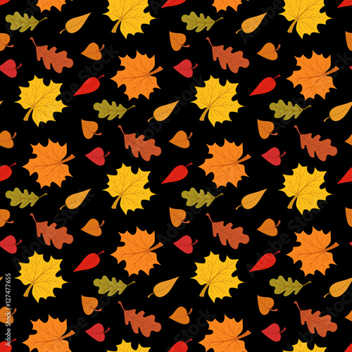 Fall season seamless pattern with leafs on black background vector illustration