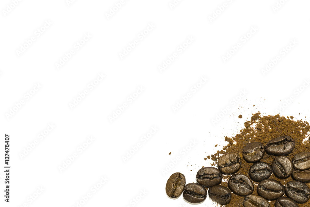 Coffee bean and coffee powder with white background Coffee bean and coffee powder with white background