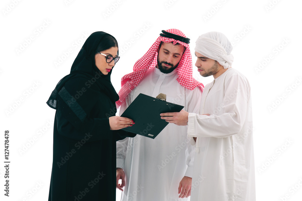 Arabian business Team in a meeting, three business people standing over a white background, ethnic business people, business team, success concept