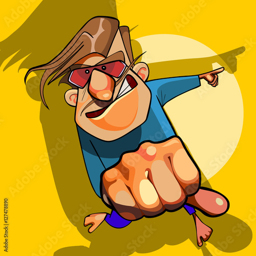cartoon funny emotional man shows his fist